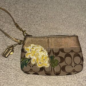 Coach Chrysanthemum Appliqué Brown and Gold Wristlet